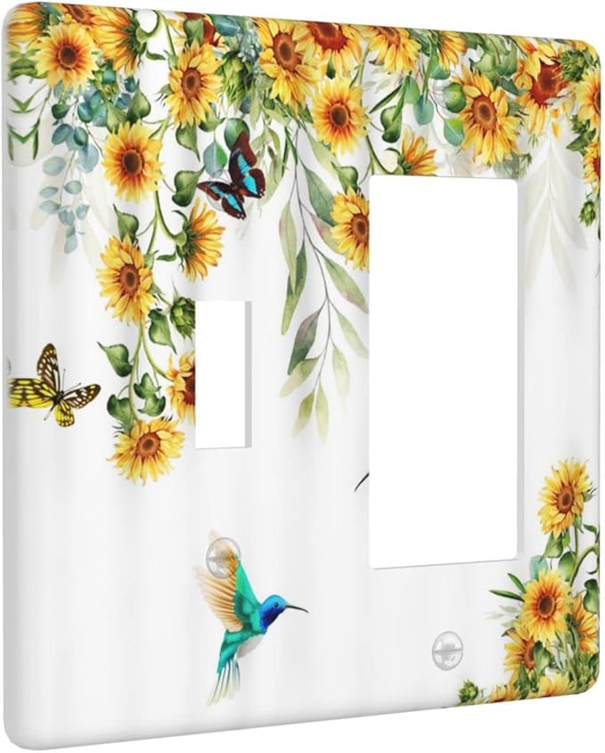 Yellow Sunflower Blue Hummingbird Butterfly 2 Gang Light Switch Cover Decorative Rustic Farmhouse Floral Plant Combination Toggle Rocker/Decora Wall Plate Electrical Switchplate for Bathroom