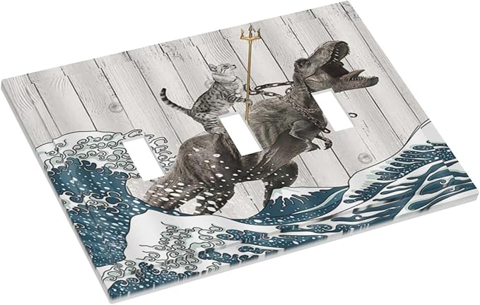 Triple Toggle Light Switch Cover Decorative Funny Cat Cool Cat Dinosaur Japanese Sea Waves Wood 3 Gang Wall Plate Covers 3 Hole Device Electrical Switchplate Faceplate for Farm Bathroom Decor