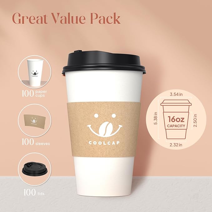 Coffee Cups with Lids and Sleeves, 16 Ounce 100 pack To Go Coffee Cups with Lids, Disposable Hot Coffee Paper Cups Bulk for Hot Beverage (16 Ounce, White) | with Lids, and Sleeves, To Go Coffee Cups, with Lids, Bulk, for Hot Beverage