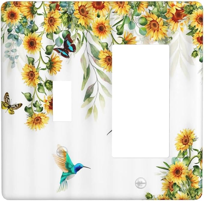 Yellow Sunflower Blue Hummingbird Butterfly 2 Gang Light Switch Cover Decorative Rustic Farmhouse Floral Plant Combination Toggle Rocker/Decora Wall Plate Electrical Switchplate for Bathroom