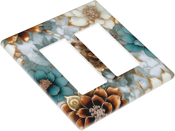 Vintage Marble Floral Gold/Green/White Metal Flowers Outlet Covers Double Rocker Light Switch Covers Decorative 2 Gang Gfci Wall Plate Electrical Receptacle Switchplate Plug Faceplate Bathroom