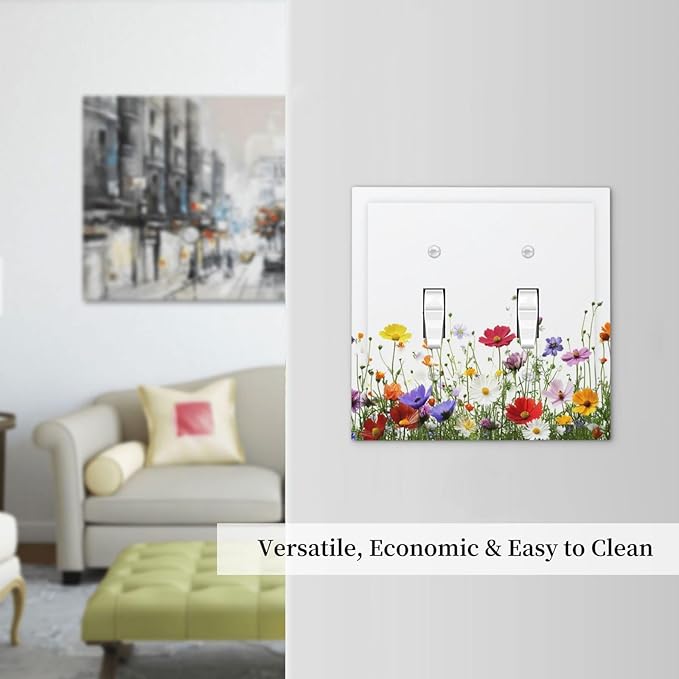 Decorative Switch Plates Colorful Wildflowers Plant Floral Daisy 2 Gang Double Toggle Outlet Light Switch Cover Wall Plate Electrical Faceplate For Bed Room Living Room Decor