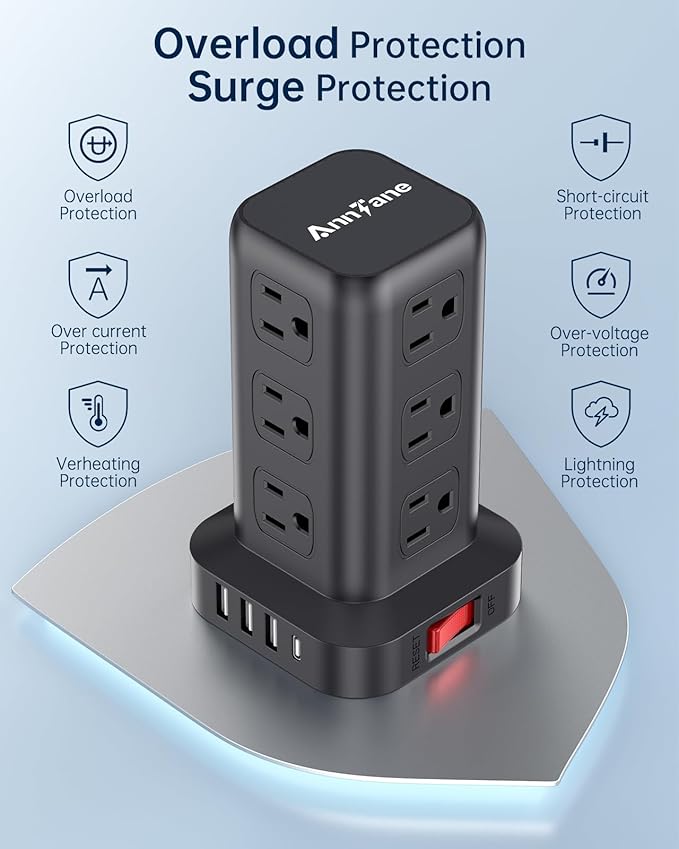 Surge Protector Power Strip 10 FT Cord, Power Strip Tower with 4 USB Ports (1USB C), Extension Cord with 12 AC Multiple Outlets, Home Office Supplies Desk Accessories, Dorm Room Essentials