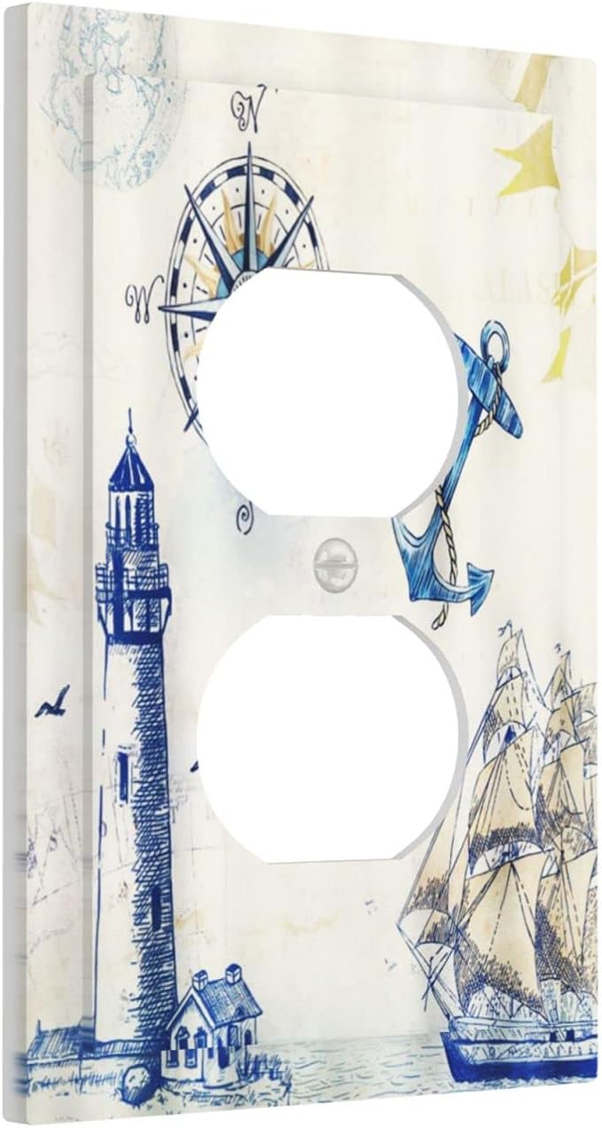 Outlet Covers Nautical Sailboat Lighthouse Compass Anchor 1 Gang Duplex Light Switch Cover Decorative Single Wall Plate Rustic Receptacle Electrical Device Switchplate for Country Bathroom