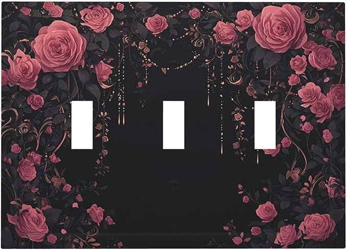 Decorative Switch Plates Dark Background Red Rose Leaf 3 Gang Wall Plate Triple Toggle Light Switch Cover Faceplate Electrical Wall Panels for Bedroom living Room Decor