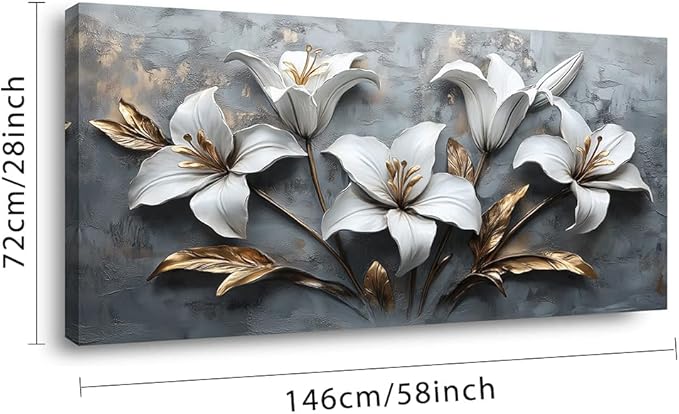 White Flowers Wall Art for Living Room Canvas Painting Prints Beautiful Floral Gold Leaves Gray Modern Artwork Office Bedroom Girls Decor Extra Large