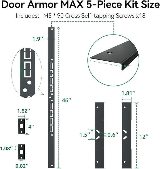 Door Armor MAX 5-Piece Kit - 46" Heavy Duty Steel Door Reinforcement System, Anti-Kick Security Plates for Jamb, Hinges & Lock, Easy 30-Min Install with Template, Corrosion Proof Black