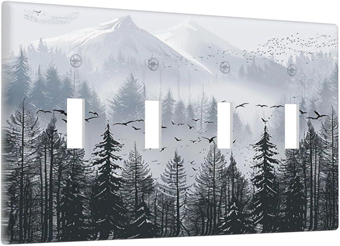 Misty Forest Nature Tree Mountain Birds Light Switch Covers Quad Toggle Electrical Faceplate 4 Gang Wall Plate Decorative Switch Plates for Bed Room Living Room Decor