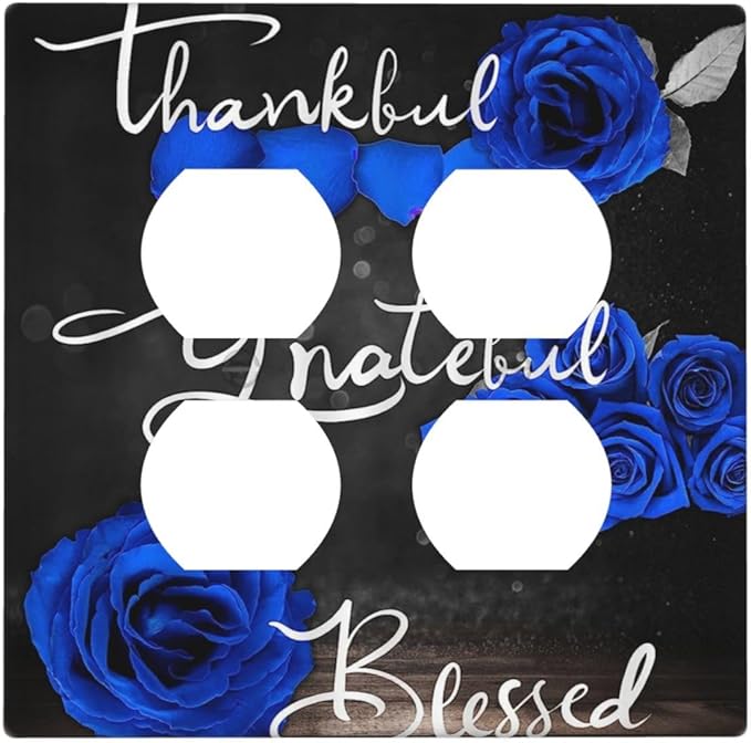 Decorative Light Switch Cover Plate Blue Rose Thankful Grateful Blessed 2 Gang Socket Covers Double Duplex Wallplates Switch Plates and Outlet Covers for Bedroom Bathroom Decor