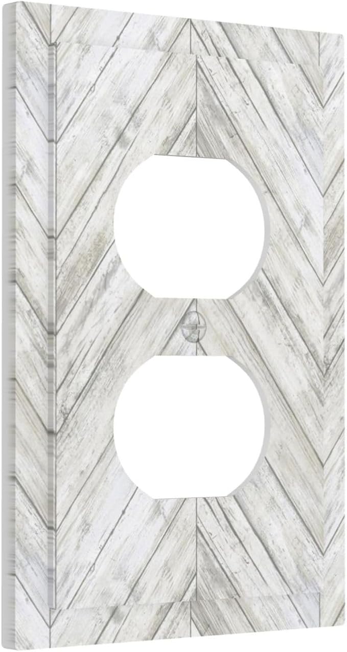 Rustic White Gray Herringbone Wood 1 Gang Outlet Plate Covers Decorative Single Duplex Wall Plate Vintage Country Electrical Faceplate Light Switch Cover Switchplate for Farmhouse Living Room Decor