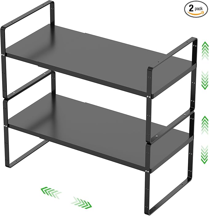 Expandable Cabinet Storage Shelf Stackable Organizer Rack for Kitchen Bathroom Pantry Spice Cupboard Countertop Home Office Desk Heavy Duty Nonslip Black Small 2 Pack