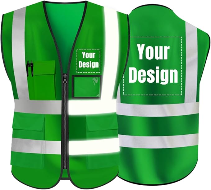 YOWESHOP High Visibility Safety Vest Custom Your Logo Protective Workwear 5 Pockets With Reflective Strips Outdoor Work Vest (Green (M))