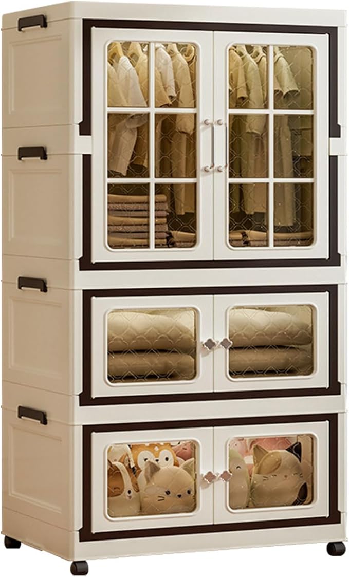 SunSettler 4 Tier Storage Bins with Lids, Stackable Closet Organizers with Wheels, Collapsible Storage Boxes, Foldable Plastic Containers for Home,Office, Dorm Room