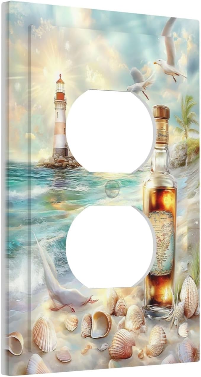 Outlet Covers Beach Ocean Lighthouse Seashells 1 Gang Duplex Light Switch Cover Decorative Switch Plates Electrical Receptacle Faceplate Wall Plate For Bed Room Living Room Decor