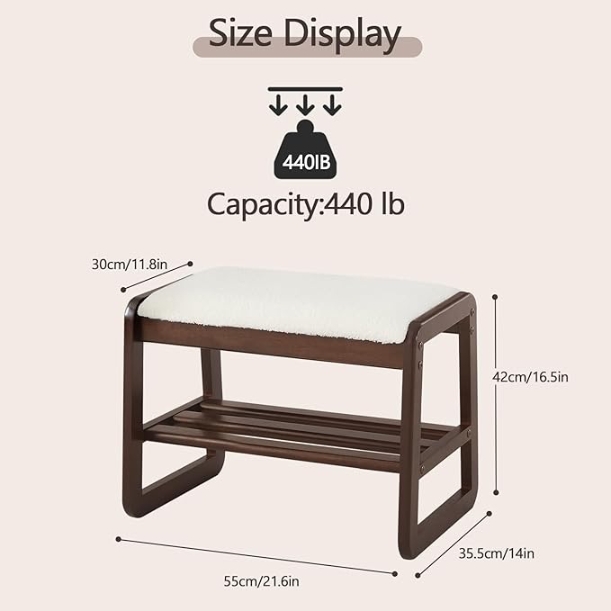 Small Shoe Rack Bench,2 Tier Wooden Entryway Bench with Shoe Storage, Shoe Rack with Cushion for Living Room, Hallway(CreamWhite, 21.6")