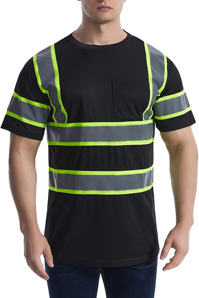 High Visibility Shirts Quick Dry Safety T Shirts with Reflective Strips and Pocket Short Sleeve Mesh Hi Vis Construction Work Class 2 Shirt for Men/Women Black,4XL