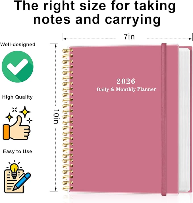 Daily Planner 2026 - Full Page Per Day, Jan 2026 to Dec 2026, 2026 Daily Planner with Spiral Bound, Inner Pocket, Perfect for School Office Supplies, 7'' x 10'', Pink