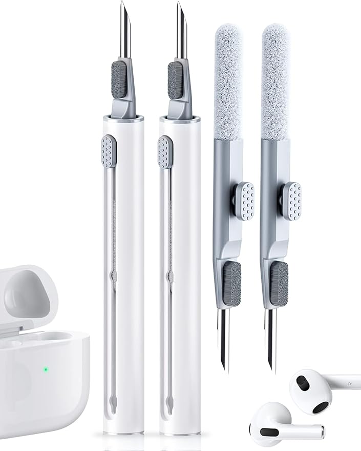 Cleaner Kit for Airpods, 2 Pack Earbuds Cleaning kit for Airpods Pro 1 2 3, Multi-Function Cleaning Pen with Soft Brush Flocking Sponge for Bluetooth Earbuds, iPhone 17,16,Laptop, Camera (Pure White)