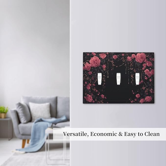 Decorative Switch Plates Dark Background Red Rose Leaf 3 Gang Wall Plate Triple Toggle Light Switch Cover Faceplate Electrical Wall Panels for Bedroom living Room Decor
