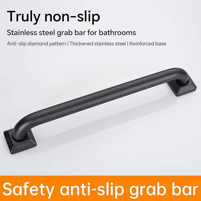 joyrain 500lb Capacity Stainless Steel Grab Bar - Heavy Duty Bathroom Safety Rail for Elderly, Anti-Slip Shower Handle, ADA Compliant (Matte Black, 12 inch)