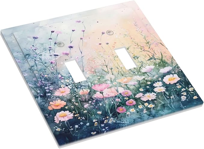 Decorative Light Switch Cover Plate Pink Floral Wildflower Green Plants 2 Gang Switch Plate Covers Double Toggle Wall Plate Dual Device Faceplate for Bathroom Decor