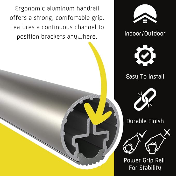Promenaid 12ft ADA Handrail Kit - Silver - Complete Indoor/Outdoor Handrail for Stairs - 1.6" Round Anodized Aluminum Railing with 6 Silver Painted Pivoting Brackets & ADA Wall Returns