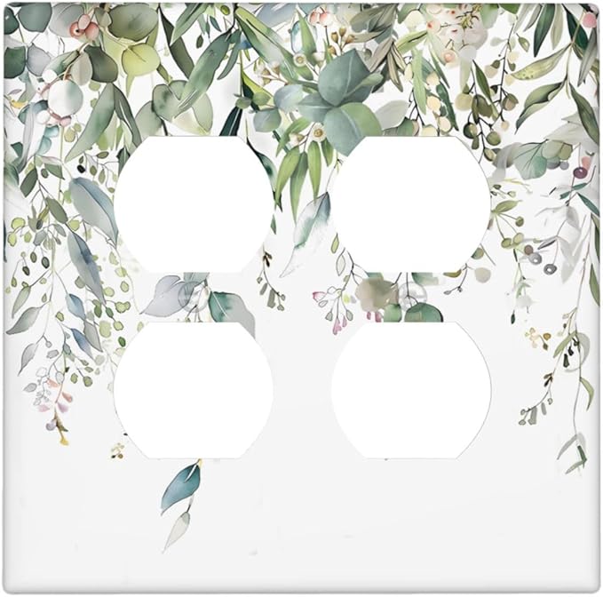 Sage Green Watercolor Eucalyptus Leaves Floral Flowers Outlet Covers 2 Gang Double Duplex Decorative Light Switch Covers Electrical Wallplates Socket Faceplate for Farmhouse Bed Room Decor