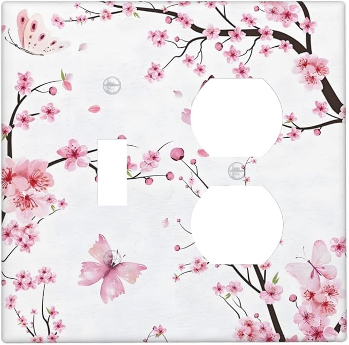 Cherry Floral Watercolor Pink Flowers Butterfly Wallplates 1 Toggle 1 Duplex Switch Plate Electrical GFCI Faceplate Decorative Light Switch Covers for Bed Room Living Room Decor