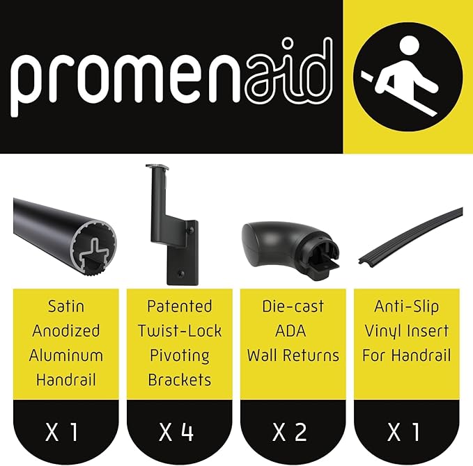 Promenaid 10ft ADA Handrail Kit - Black - Complete Indoor/Outdoor Handrail for Stairs - 1.6" Round Anodized Aluminum Railing with 5 Satin Black Painted Pivoting Brackets & ADA Wall Returns