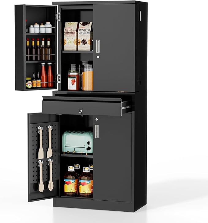VINGLI 71'' Metal Kitchen Pantry Storage Cabinet with Drawer & 4 Doors, Cupboard with Adjustable Shelves for Kitchen Dining Living Room, Tall Freestanding Steel Locking Cabinet for Craft Room (Black)