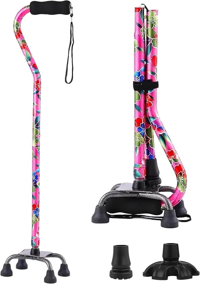 Walking Cane for Women & Men, Adjustable Quad Cane with 4-Prong Base for Stability and Balance, Folding Aluminum Walking Stick for Seniors
