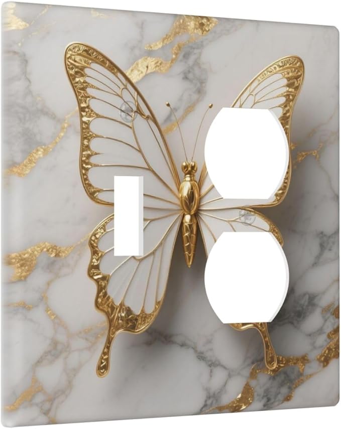 Gold Marble Shine Butterfly Abstract Modern Print Wallplates 1 Toggle 1 Duplex Switch Plate Electrical GFCI Faceplate Decorative Light Switch Covers for Bed Room Bathroom Decor