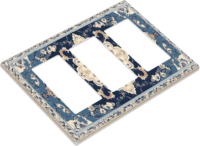 Decorative Outlet Covers Boho Beige Navy Blue Medallion 3 Gang Gfci Wall Plate Triple Rocker Light Switch Cover Plate Switch Plate Covers for Country Bathroom Bedroom Decor