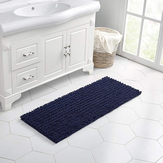 Walensee Large Bathroom Rug Non Slip Bath Mat (24x60 Inch Navy) Water Absorbent Super Soft Shaggy Chenille Machine Washable Dry Extra Thick Perfect Absorbant Best Plush Carpet for Shower Floor