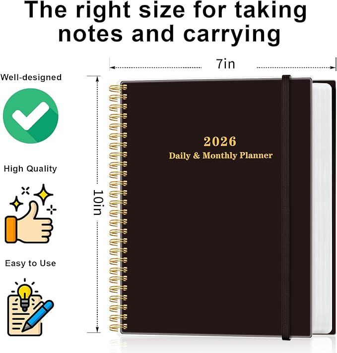 Daily Planner 2026 - Full Page Per Day, Jan 2026 to Dec 2026, 2026 Daily Planner with Spiral Bound, Inner Pocket, Perfect for School Office Supplies, 7'' x 10'', Black