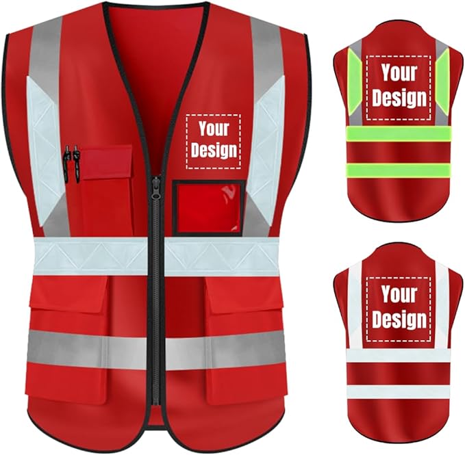 YOWESHOP High Visibility Safety Vest Custom Your Logo Protective Workwear 5 Pockets With Reflective Strips Outdoor Work Vest (M, Red Luminous)