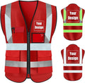 YOWESHOP High Visibility Safety Vest Custom Your Logo Protective Workwear 5 Pockets With Reflective Strips Outdoor Work Vest (2XL, Red Luminous)