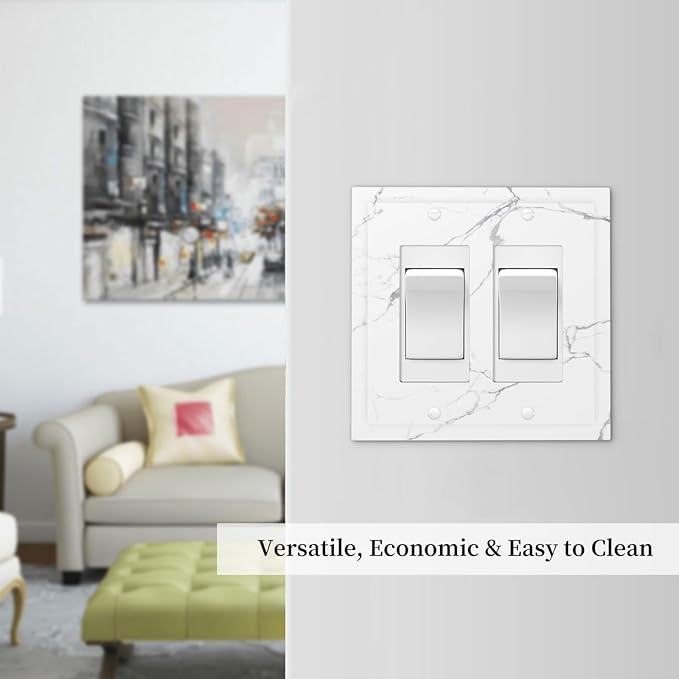 Luxurious White Marble Abstract Print Decorative Outlet Covers 2 Gang Double GFCI Rocker Electrical Wall Panels Light Switch Cover Plate for Bathroom Kitchen Bedroom Decor