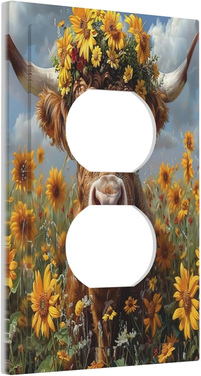 Outlet Covers Vintage Sunflower Highland Cow Rustic Art 1 Gang Duplex Wall Plate Decorative Switch Plates Electrical Receptacle Faceplate Light Switch Cover for Bedroom Farmhouse Decor