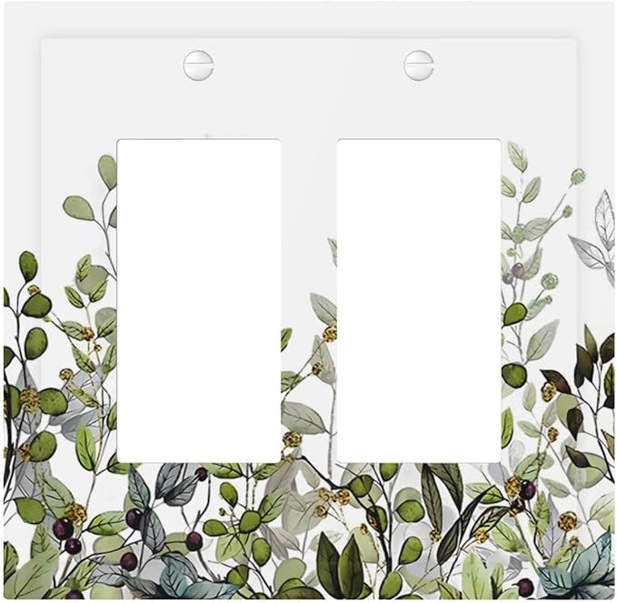 Watercolor Green Eucalyptus Leaves Plants Fruit Decorative Outlet Covers 2 Gang Double GFCI Rocker Electrical Wall Panels Light Switch Cover Plate for Bed Room Living Room Decor