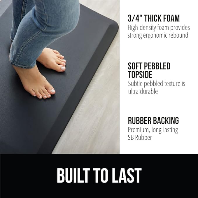 GORILLA GRIP Comfortable Cushioned Kitchen Mats for Floor, 39x20, Waterproof and Stain Resistant Soft Top, 3/4 Inch Thick Ergonomic Standing Desk Anti Fatigue Mat, Foam Supports Ankles and Feet, Black