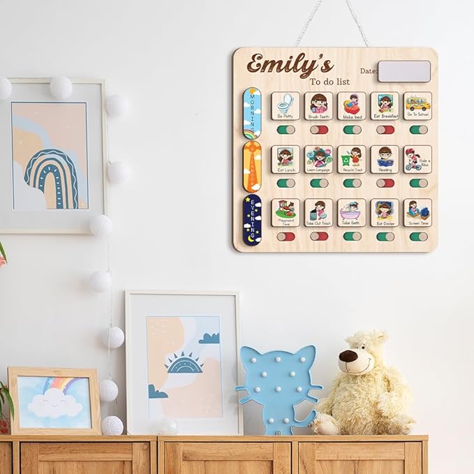 Personalized Wooden Daily Routine Chart 11.8x11.8", Visual Schedule, Chore Chart for Kids, Morning Bedtime Routine Chart for Toddlers (09)