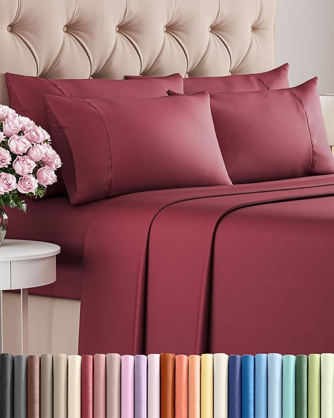Full 6 Piece Sheet Set - Cooling & Breathable Bed Sheets - Hotel Luxury Bed Sheets for Women, Men, Kids & Teens - Comfy Bedding w/Deep Pockets & Easy Fit - Soft & Wrinkle Free - Full Burgundy Sheets