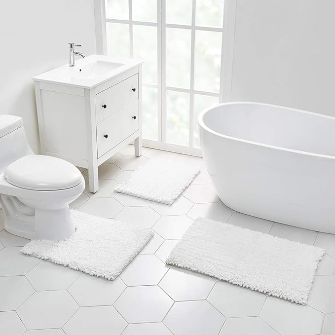 Walensee Large Bathroom Rug Non Slip Bath Mat (24x60 Inch White) Water Absorbent Super Soft Shaggy Chenille Machine Washable Dry Extra Thick Perfect Absorbant Best Plush Carpet for Shower Floor