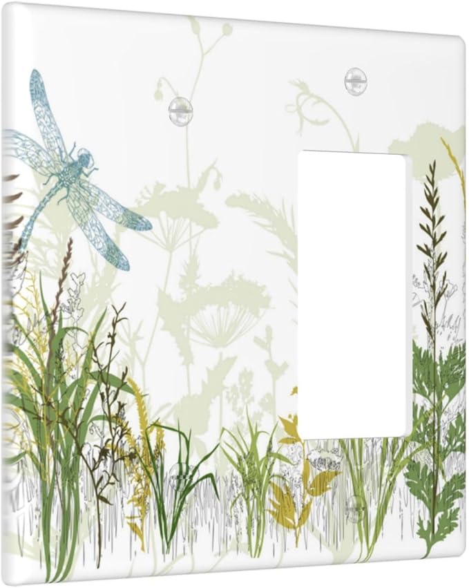Wild Flower Dragonfly 2 Gang Blank Rocker Light Switch Cover Plates Decorative Electric Outlet Covers Decorator Wall Switch Plate Receptacle Plug Covers 4.6 * 4.5 Inches
