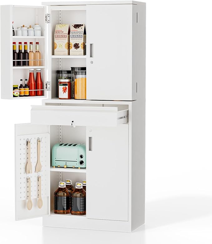 VINGLI 71'' Metal Kitchen Pantry Storage Cabinet with Drawer & 4 Doors, Cupboard with Adjustable Shelves for Kitchen Dining Living Room, Tall Freestanding Steel Locking Cabinet for Craft Room (White)