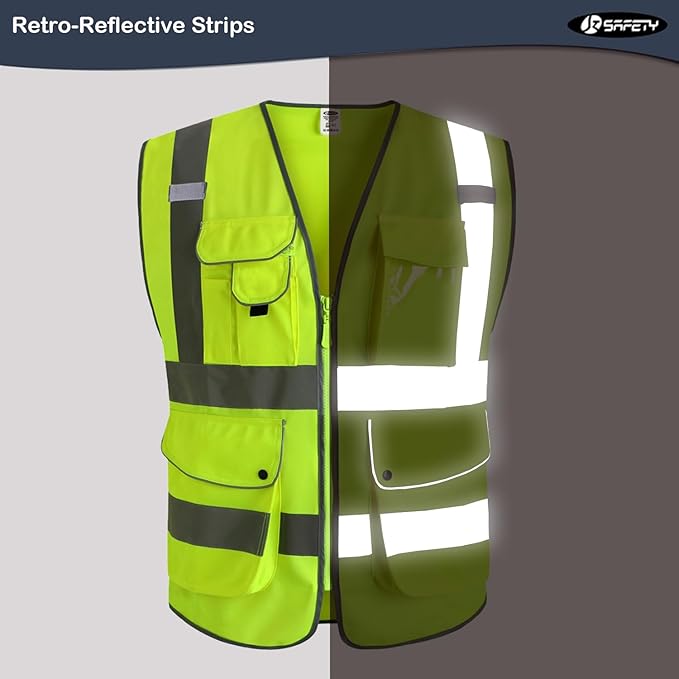 JKSafety 9 Pockets Class 2 High Visibility Zipper Front Safety Vest With Reflective Strips,Meets ANSI/ISEA Standard (Small, 150-Yellow)