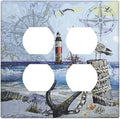 Decorative Light Switch Cover Plate Sea Ocean Sand Coast Compass Ship Lighthouse Anchor 2 Gang Socket Covers Double Duplex Wallplates Switch Plates and Outlet Covers for Bathroom Bedroom Decor