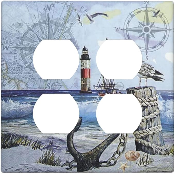 Decorative Light Switch Cover Plate Sea Ocean Sand Coast Compass Ship Lighthouse Anchor 2 Gang Socket Covers Double Duplex Wallplates Switch Plates and Outlet Covers for Bathroom Bedroom Decor