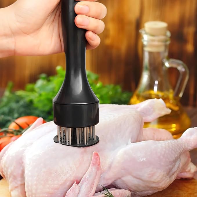 Stainless Steel Meat Tenderizer, 2025 Upgraded Stainless Steel Meat Tenderizer Needle 21 Pin Steak, Ultra Sharp Needle Blades Chicken BBQ Kitchen Cooking Tool, With Pounding Steak Mallet Tool (Black)
